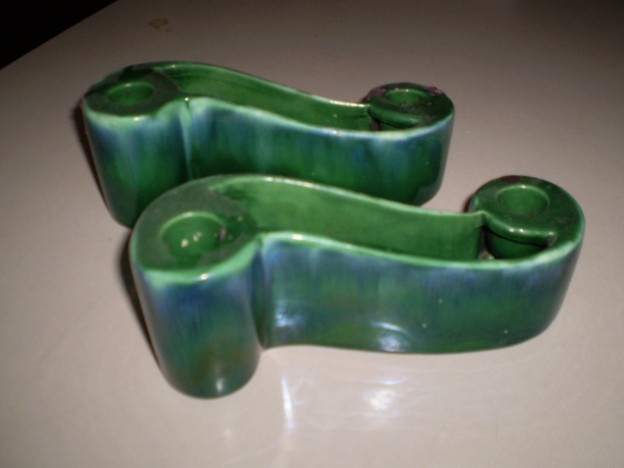 Haeger R-485 double candle holder [green agate glaze]
