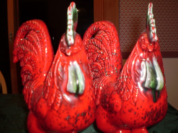 Haeger R-612 [rooster] R-613 [hen] carnival glaze