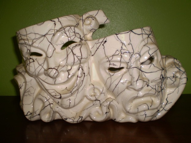 Haeger R-1170 TV Lamp comedy and tragedy mask [white glaze w/ ebony splatter]