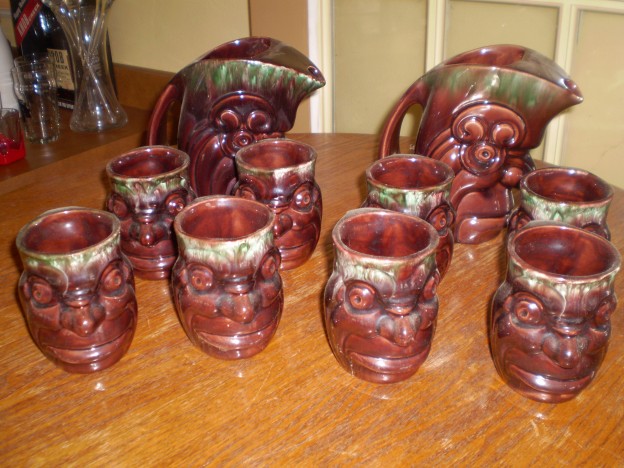 Haeger R-698 and R-699 Mexican Head Pitcher and Mug [green briar glaze]