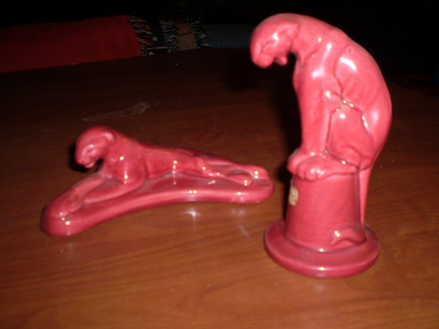 Haeger 648 & 649 Sitting and Lying Leopard [oxblood glaze]