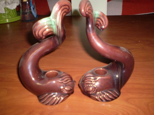 Haeger fish candlestick holders [greenbriar glaze]