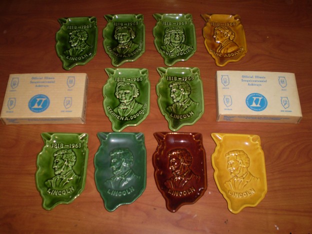 Haeger Illinois sequicentennial [1818 – 1968] ashtray set [Lincoln, Douglas, Joliet, Addams]